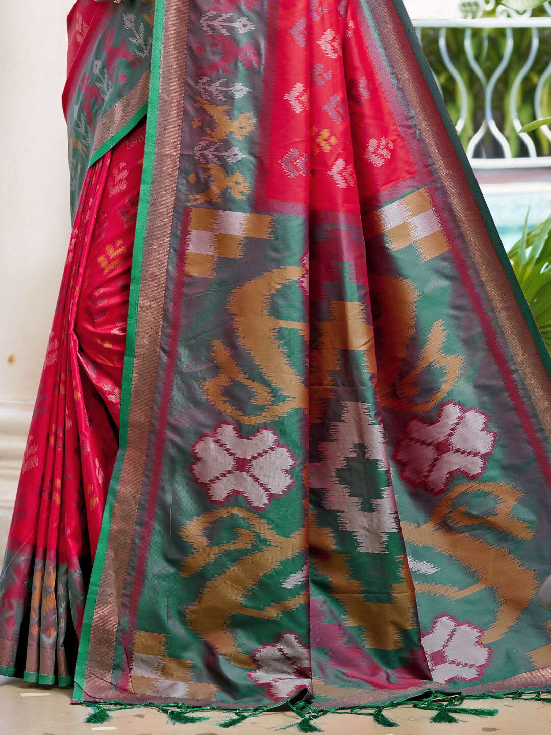 Red Pochampalli Silk Saree with Rama Blouse