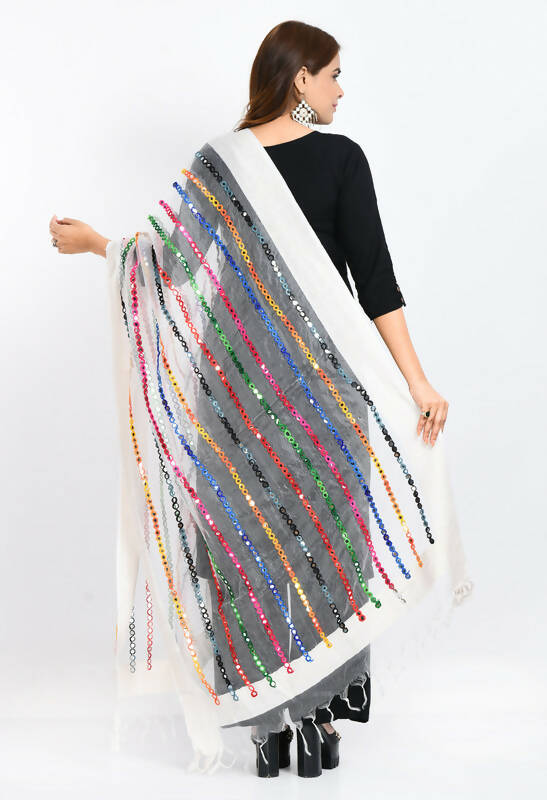White Organza Dupatta with Multi-Thread Mirror Work