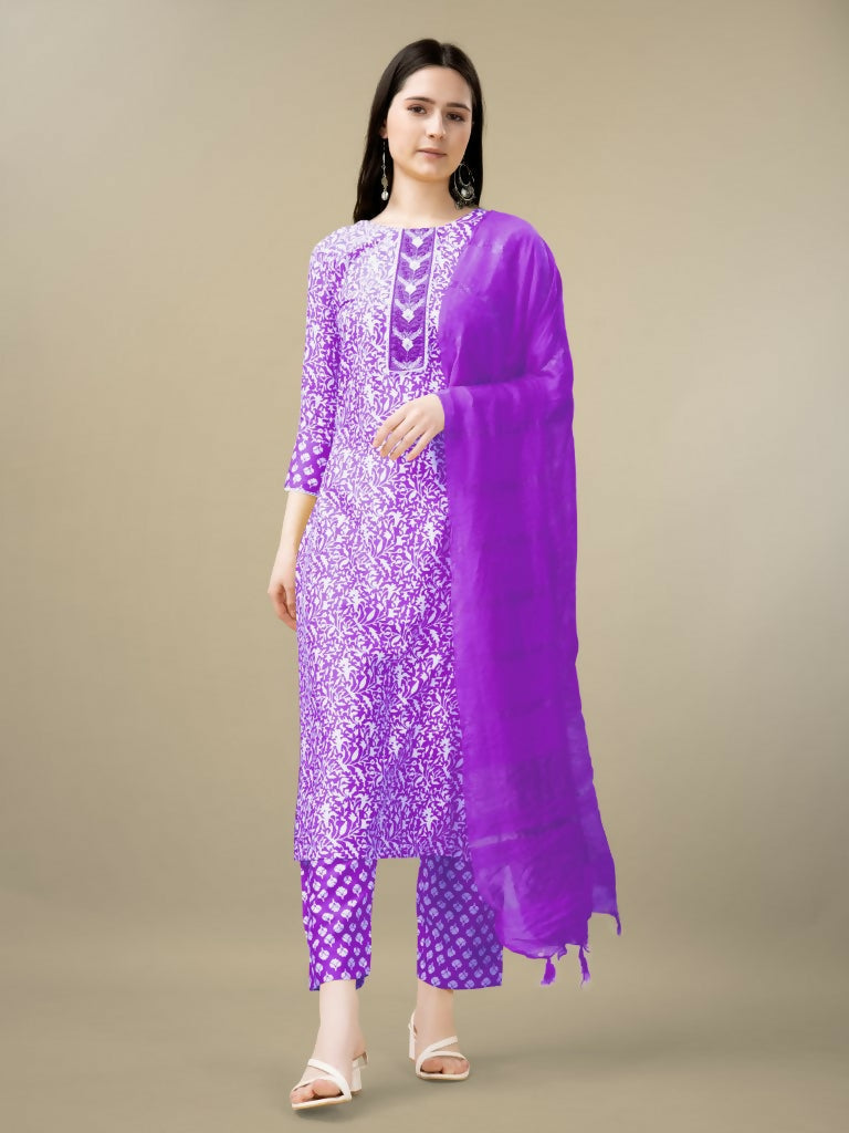 Elegant purple rayon straight kurta set featuring embroidery and sequence work.