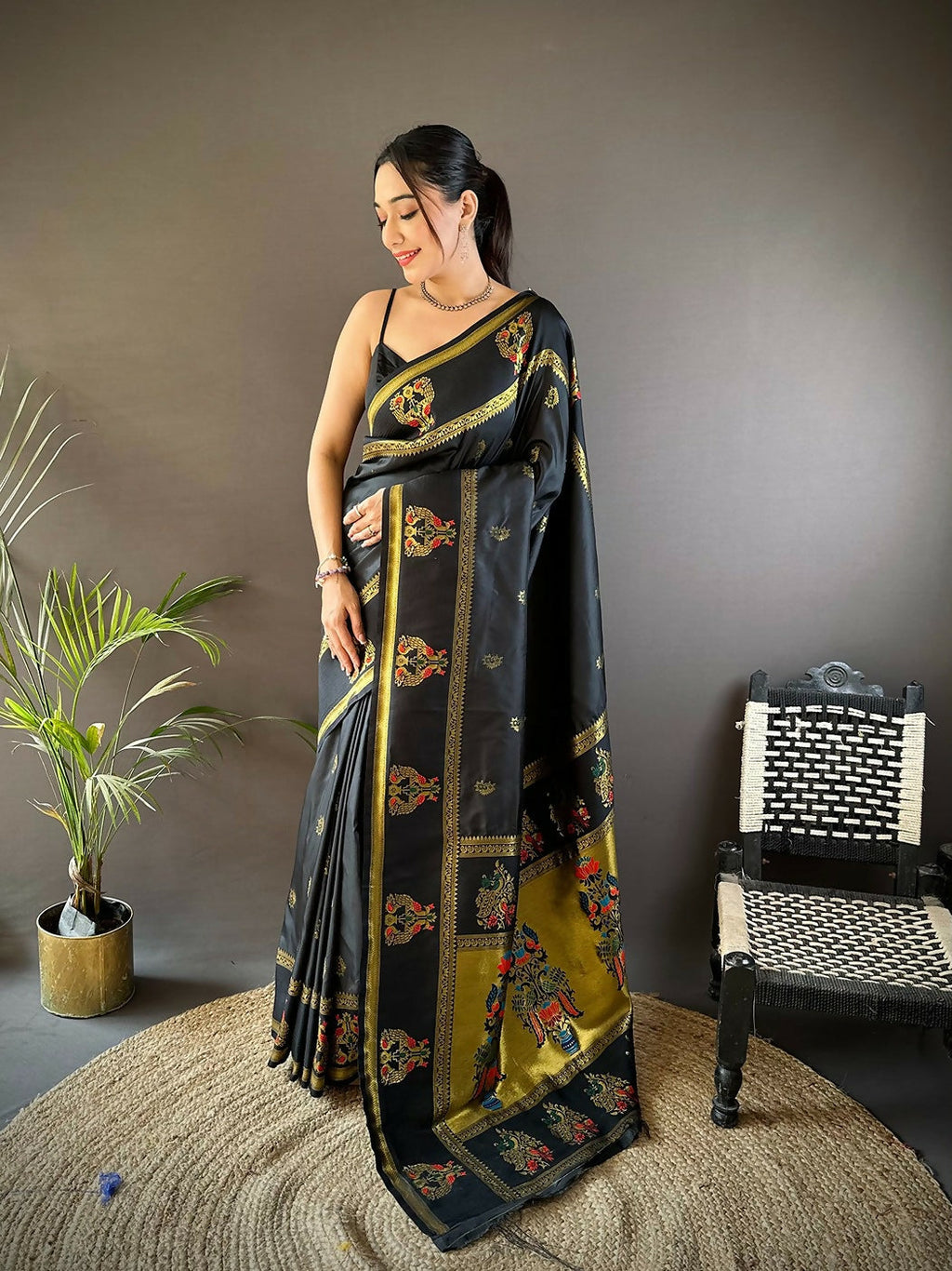 Elegant black Meenakari weaving Paithani saree in soft silk with matching unstitched blouse