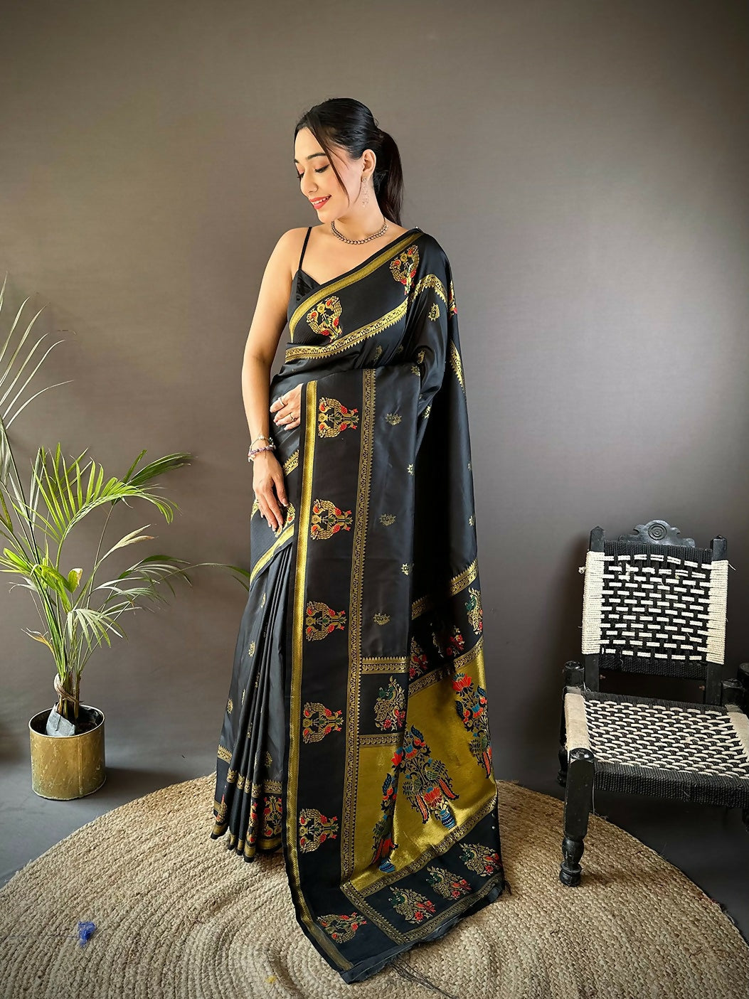Elegant black Meenakari weaving Paithani saree in soft silk with matching unstitched blouse