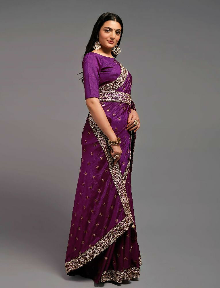 Wine Chinon Embroidered Lace Saree with Matching Blouse