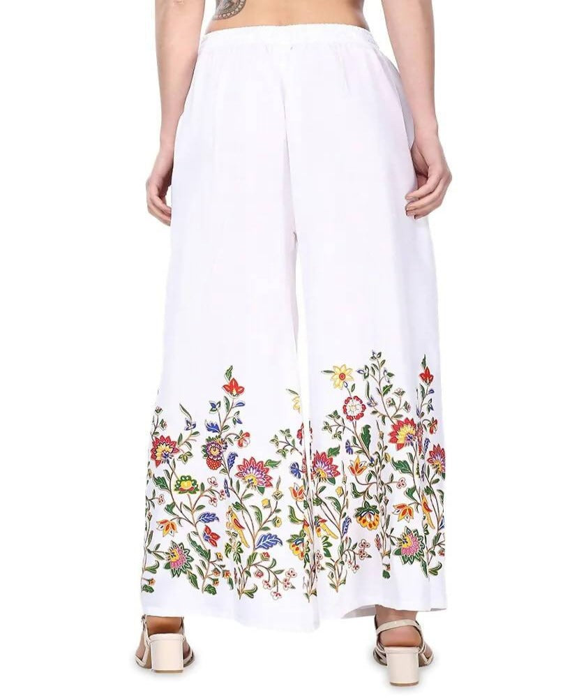 Women's White Floral Palazzo Pants - Lightweight Ethnic Bottoms