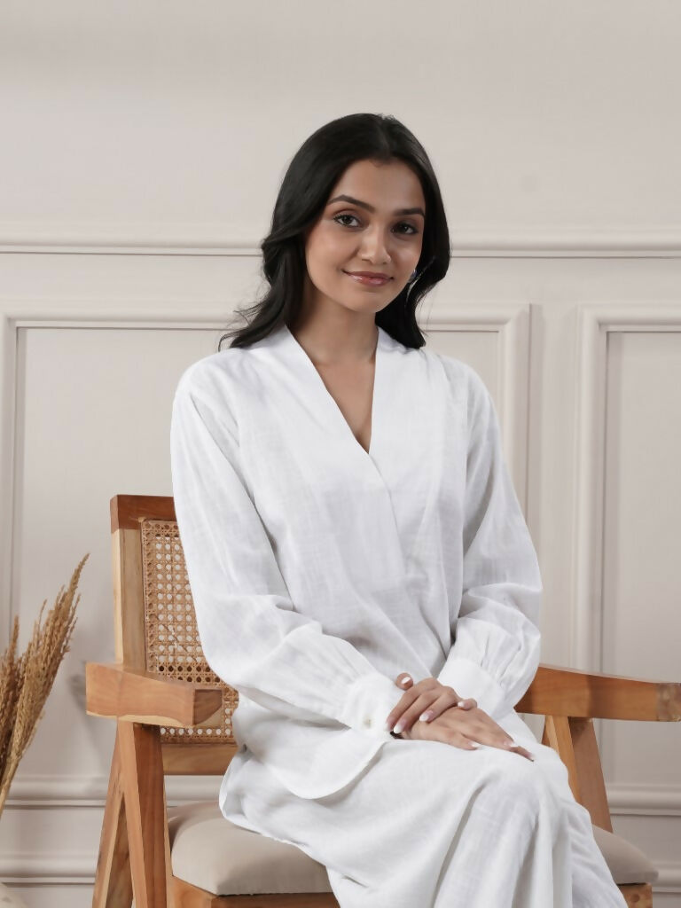 Women's White Cotton Top and Flared Pants Two-Piece Co-ord Set