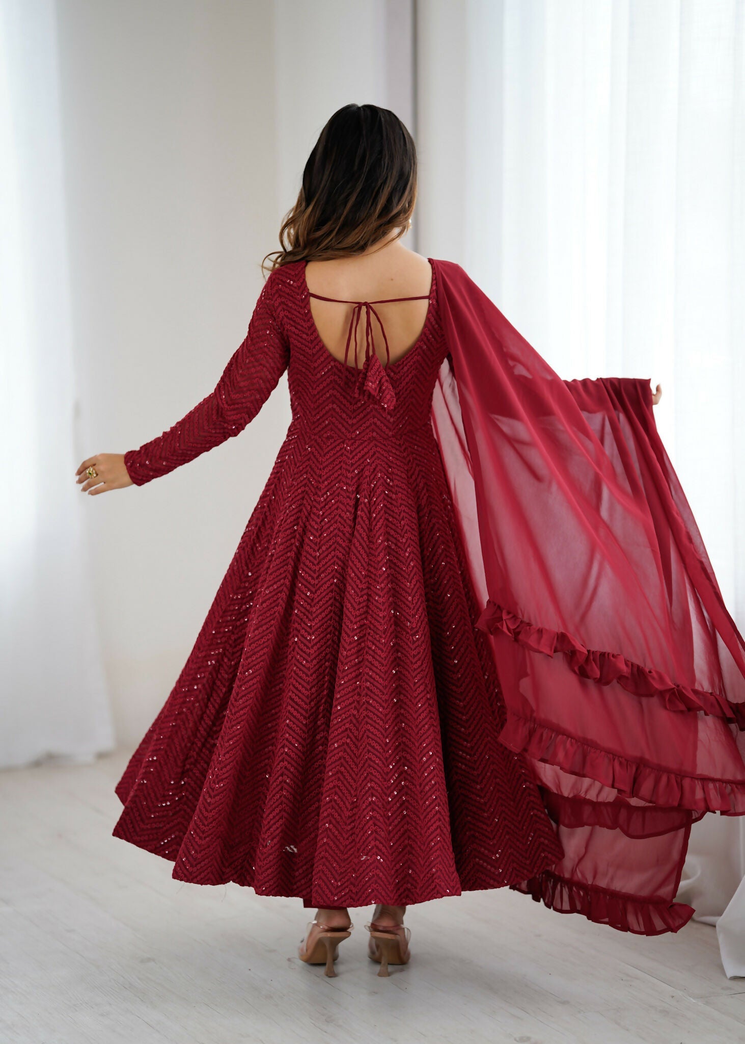 Maroon Georgette Kurta Set with Intricate Sequence Embroidery