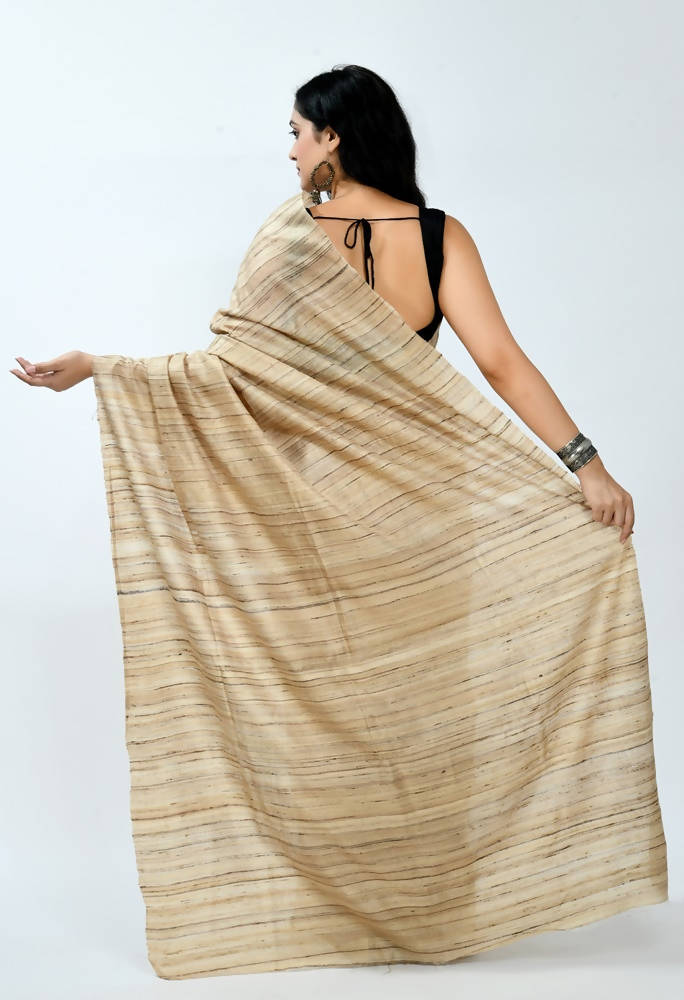 Golden Tussar Silk Saree with Brown Striped Pattern Ethnic Wear