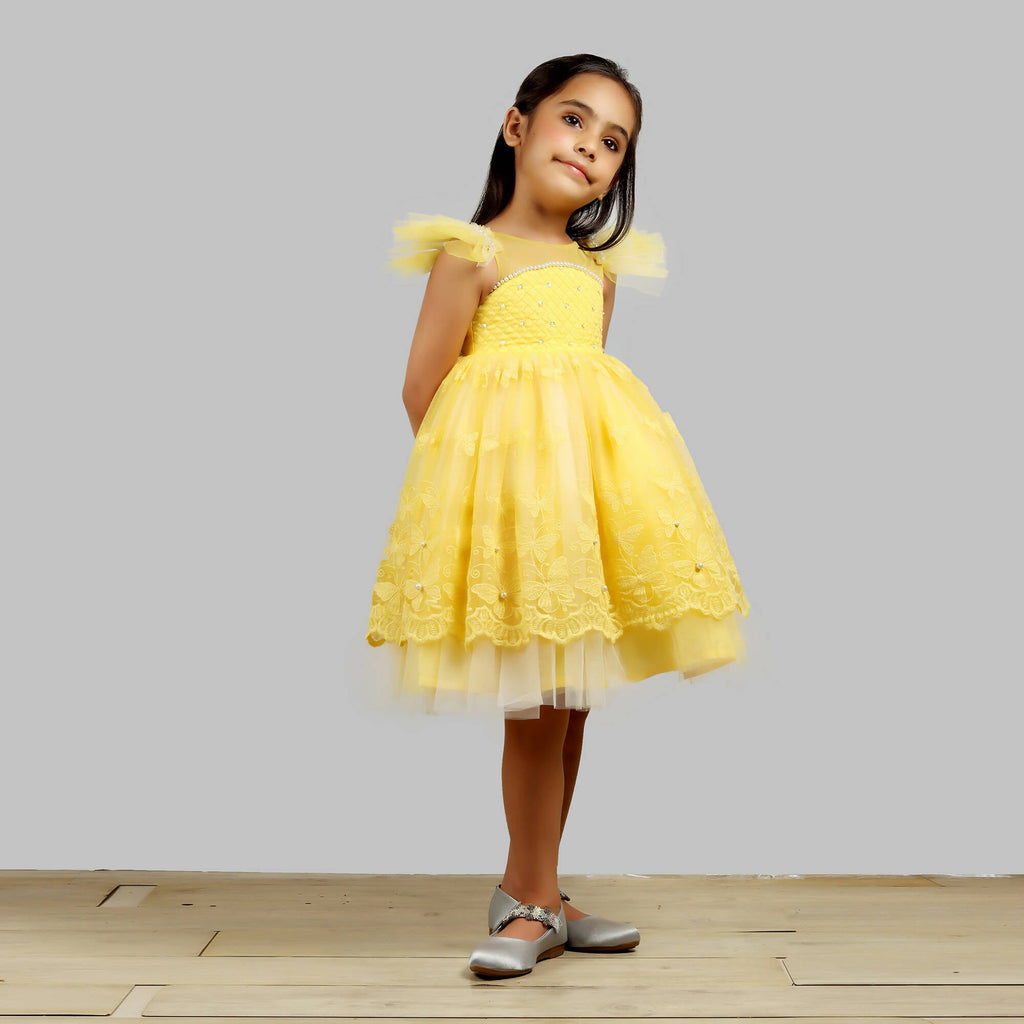 Yellow dress featuring lace fabric, net layer, and frill sleeves