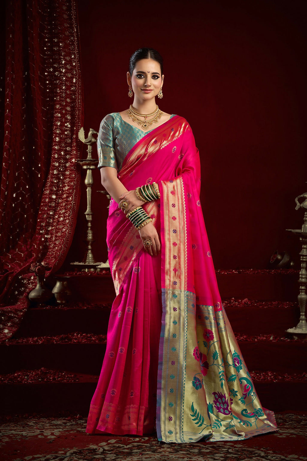 Pink Paithani silk blend saree with traditional butti work