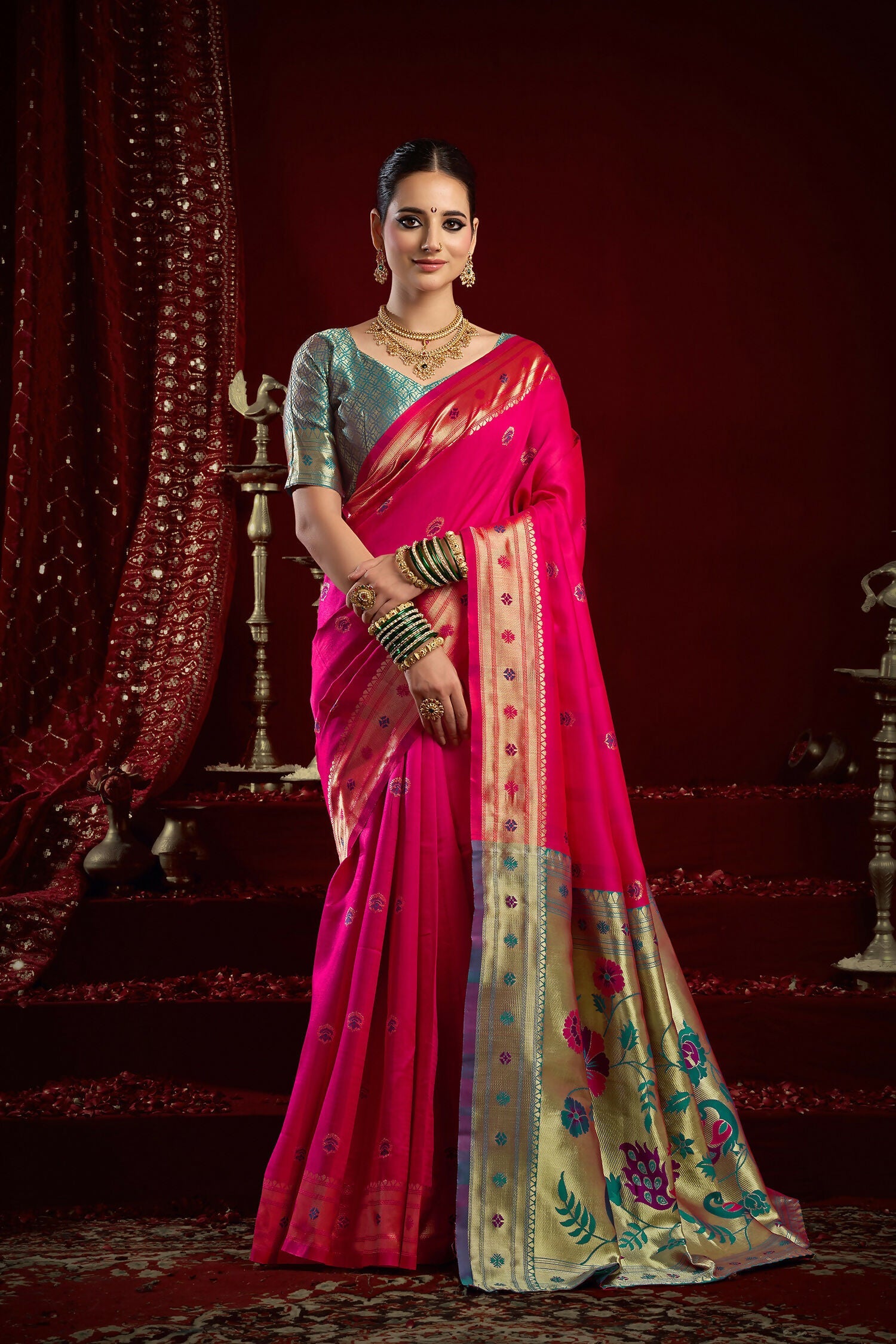 Pink Paithani silk blend saree with traditional butti work