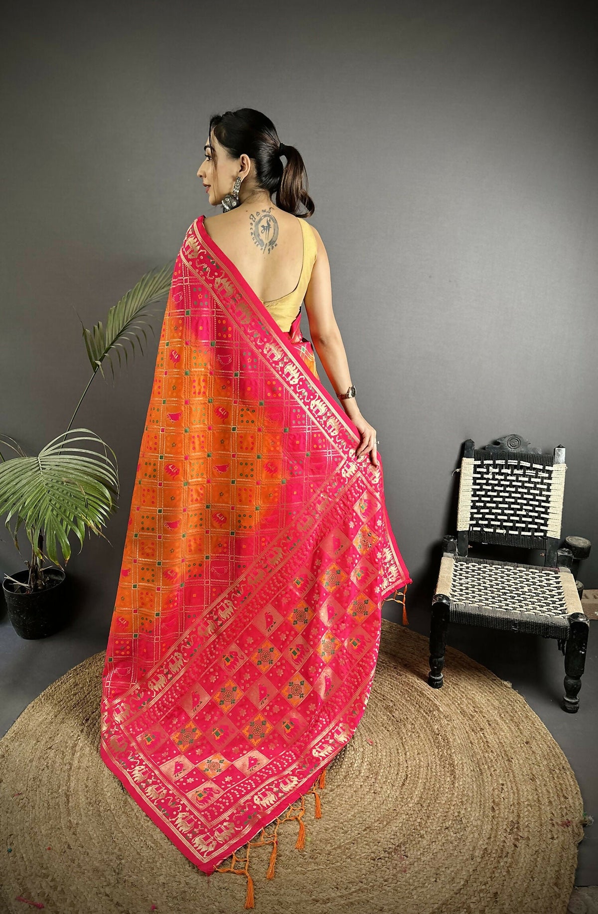 Orange and Pink Geometric Pattern Soft Silk Patola Saree