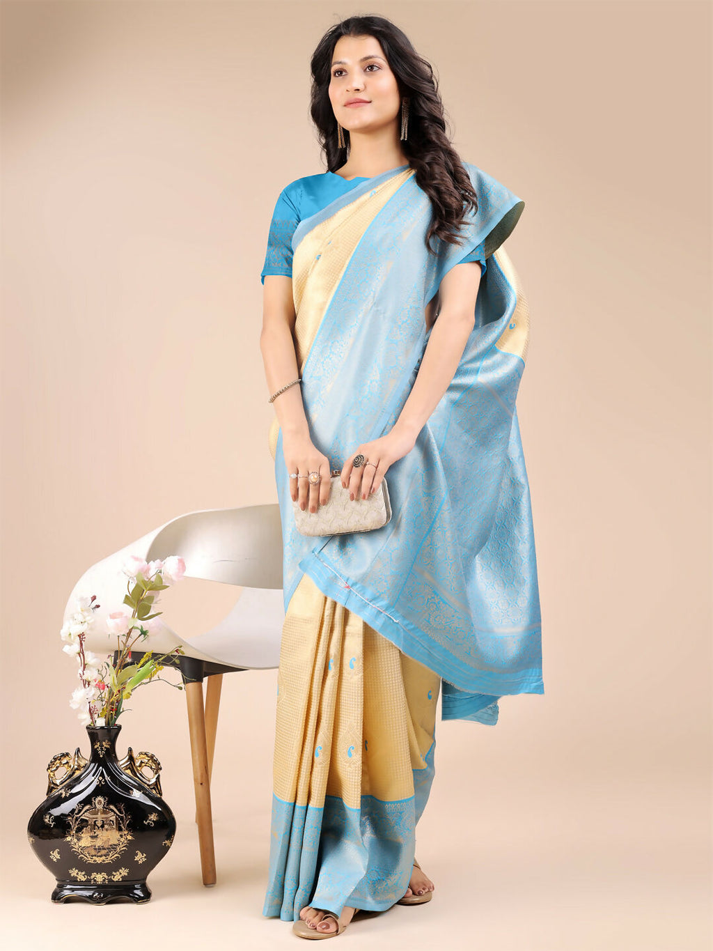 Cream and Sky Blue Banarasi Silk Saree for Elegant Occasions