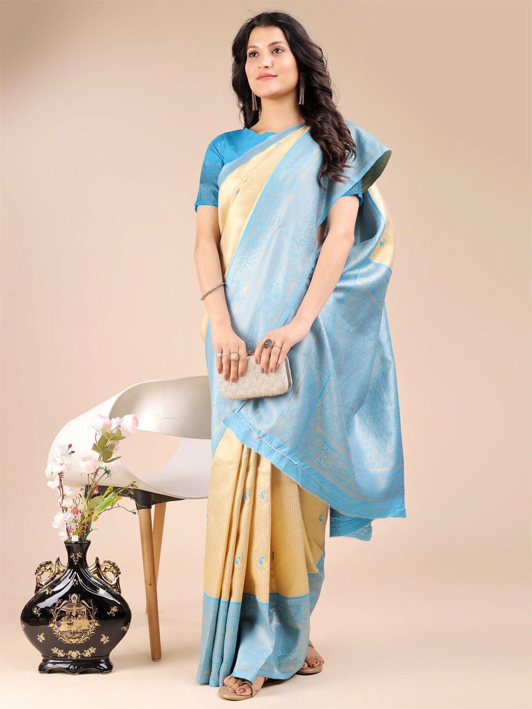 Cream and Sky Blue Banarasi Silk Saree for Elegant Occasions