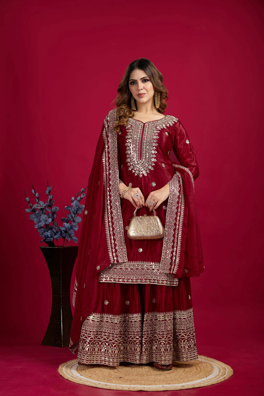 Maroon Silk Kurta Set with Sequins, Zari, and Thread Embroidery