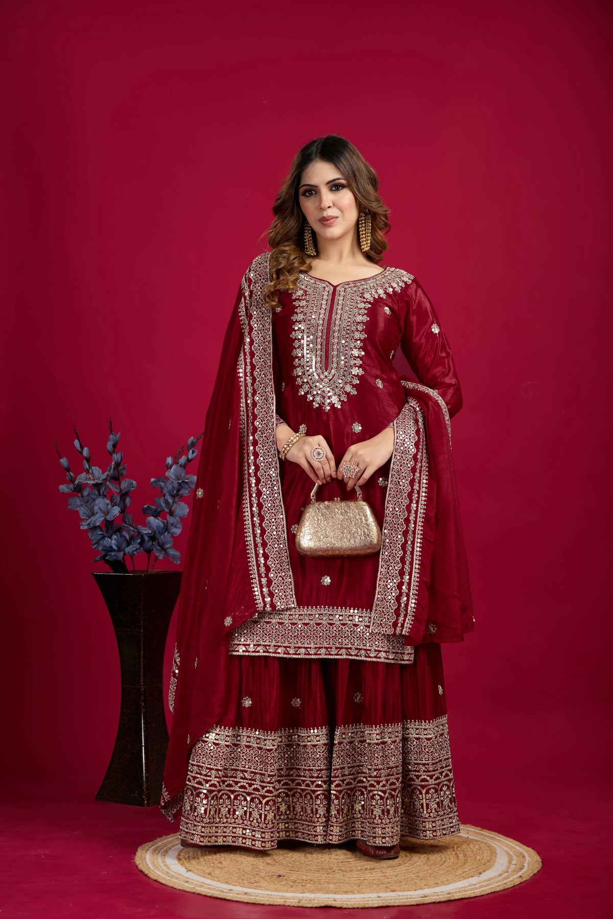 Maroon Silk Kurta Set with Sequins, Zari, and Thread Embroidery