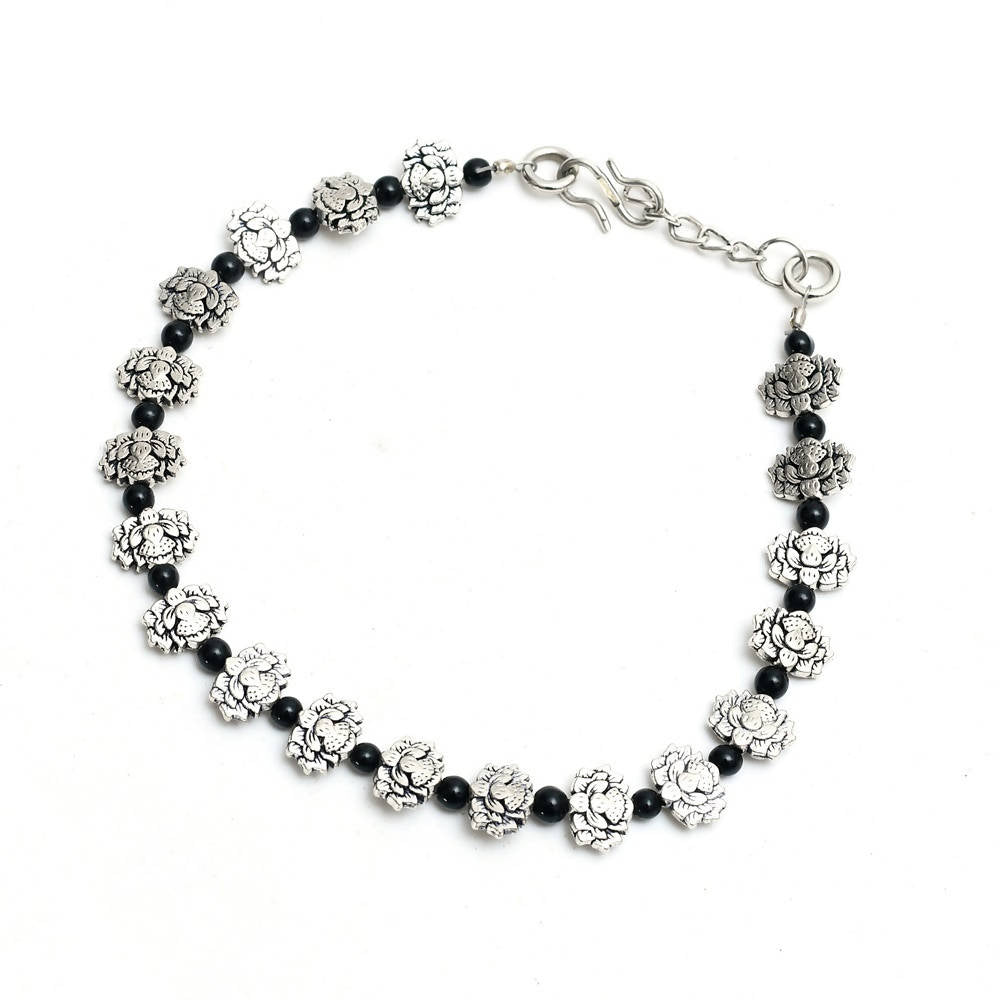 Oxidised Silver Anklets with Black Beads