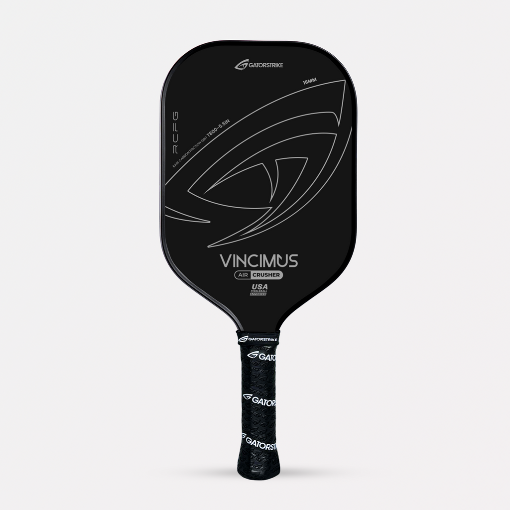 Vincimus 16mm raw carbon fiber pickleball paddle in black and blue