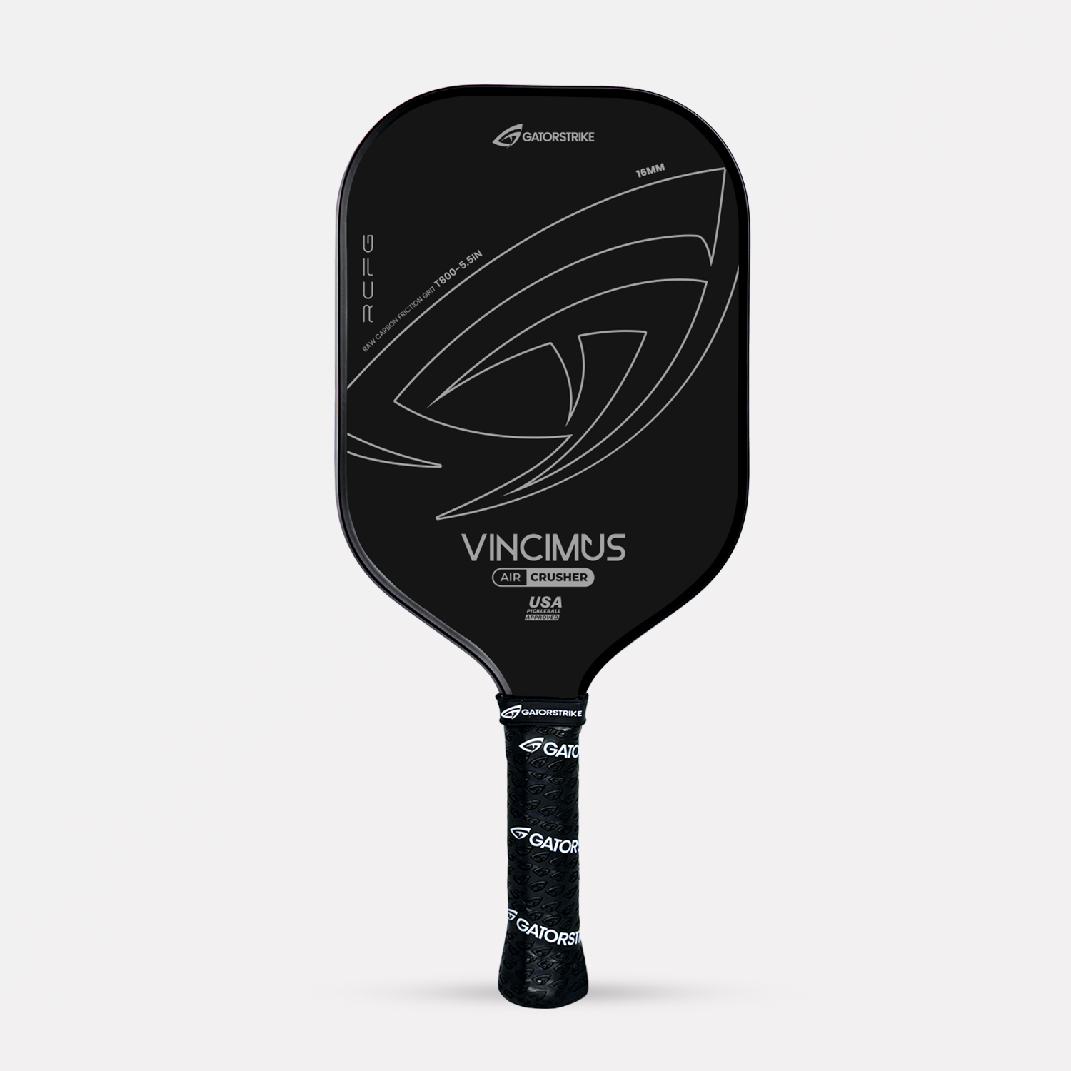 Vincimus 16mm raw carbon fiber pickleball paddle in black and blue