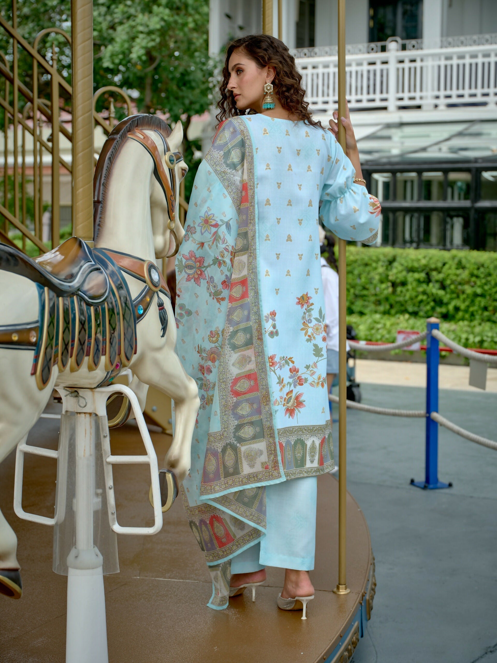Sky Blue Linen Kurta Set with Digital Print and Foil Work