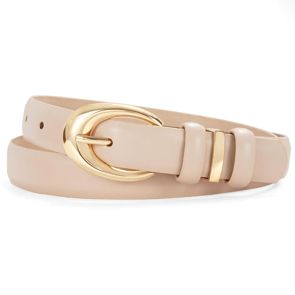 Women Leather Belt for Jeans Pants Fashion Ladies Skinny Faux Leather Dress belt with Gold Buckle Fit Wasit Size 27"-31" Beige