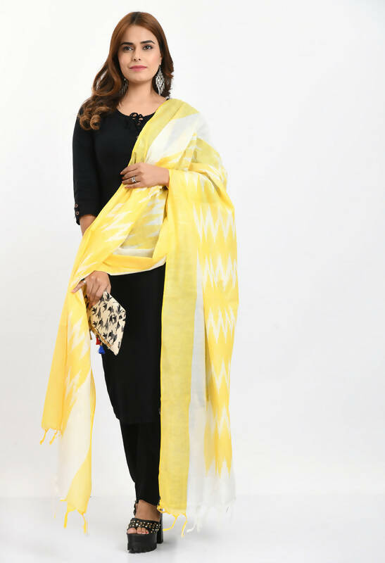Women's Handloom Cotton Ikkat Dupatta in Sunny Yellow