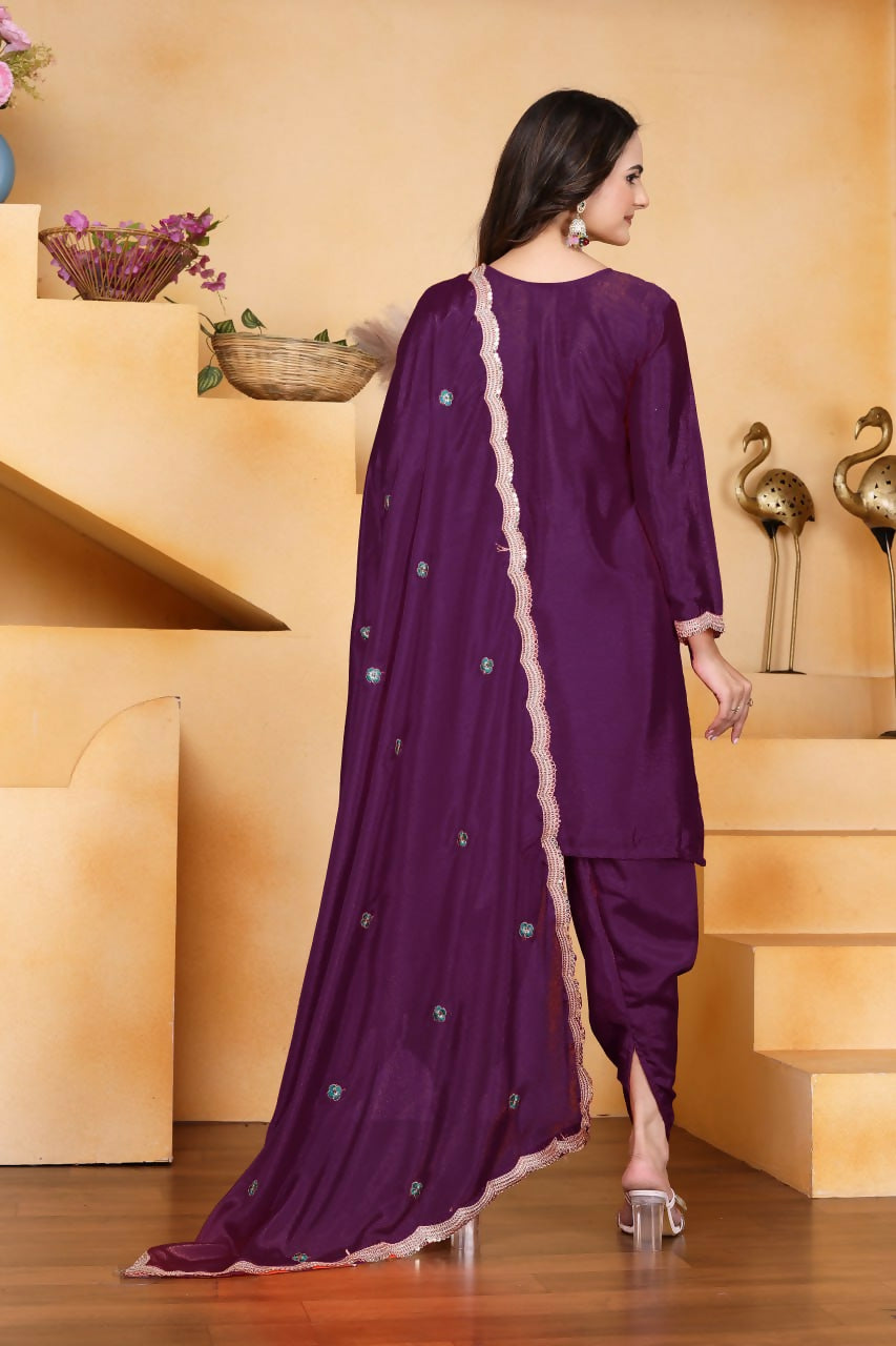 Wine Silk Embroidered Dhoti Set with Matching Kurti
