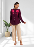 Wine colored silk tunic with embroidery and mandarin collar design