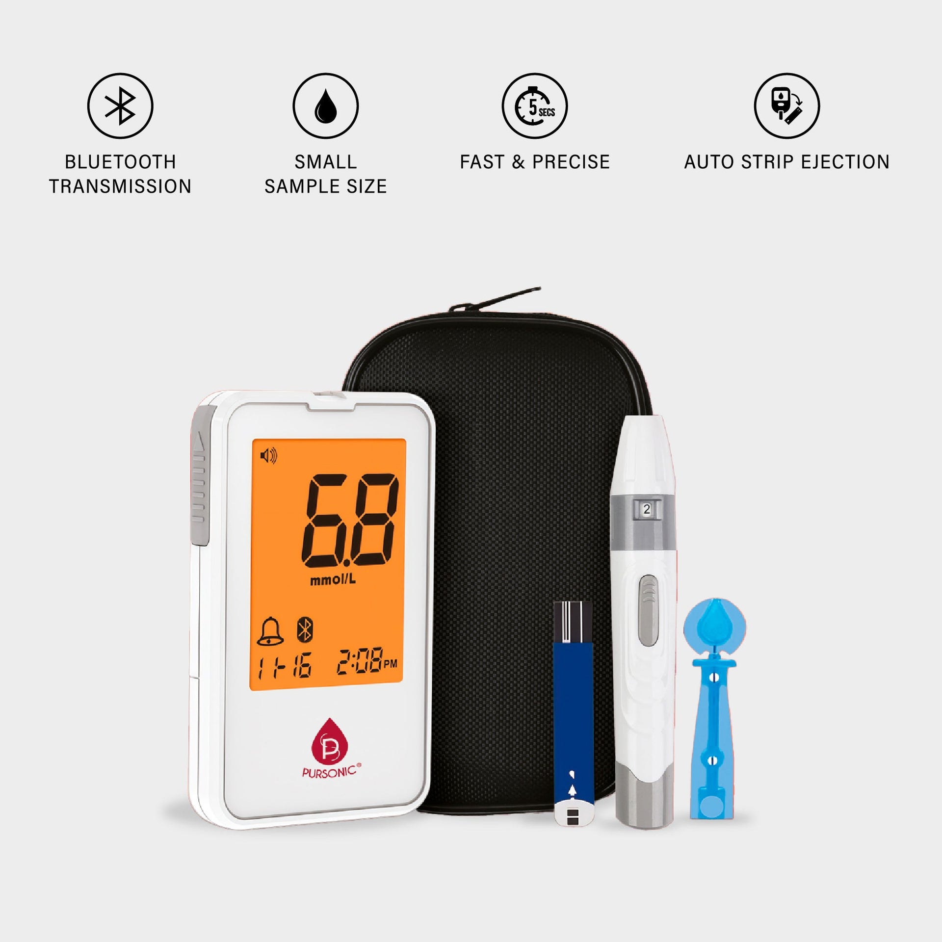 Pursonic Blood Glucose Monitoring Bundle – Glucose Meter with Bluetooth + 50 Test Strips + 50 Sterile Lancets