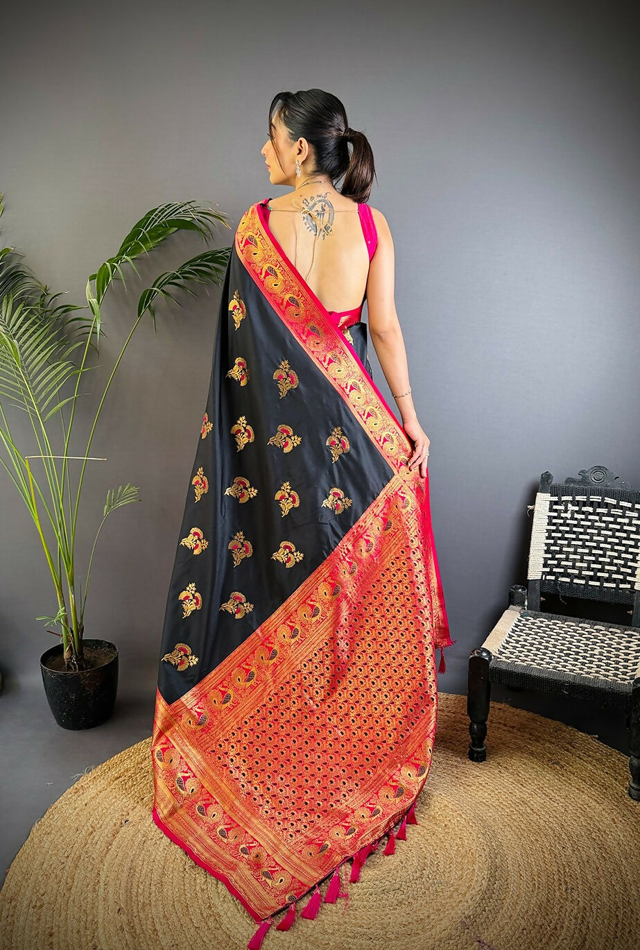 Black Banarasi Soft Silk Saree with Classic Woven Design