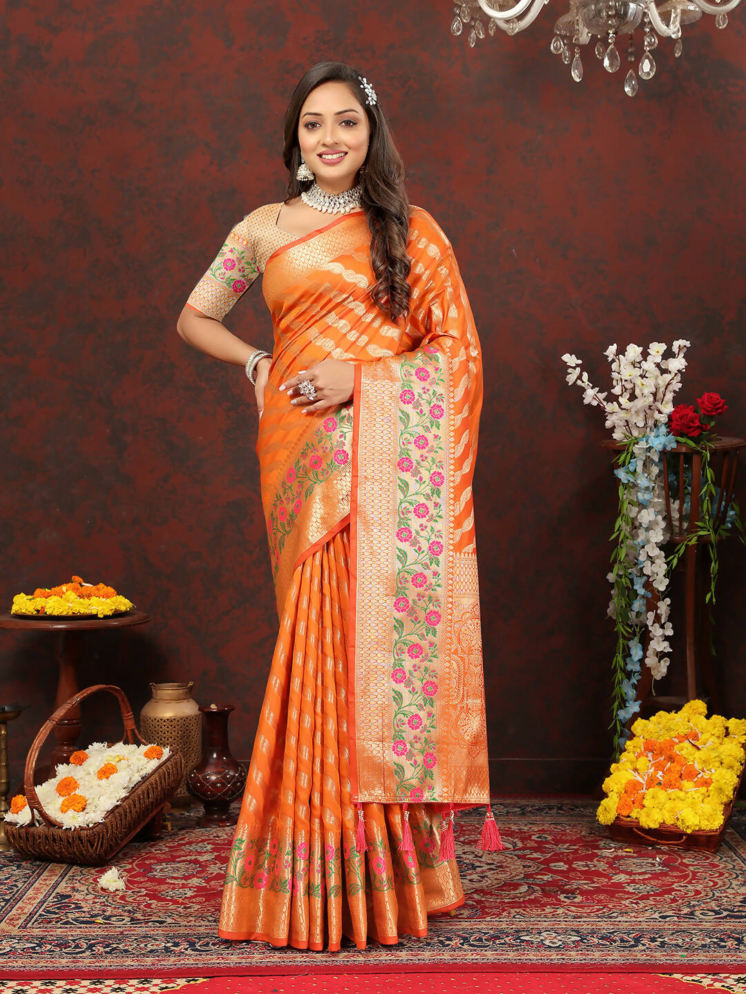 Orange Leheriya soft cotton saree with gold zari weaving and silk blouse
