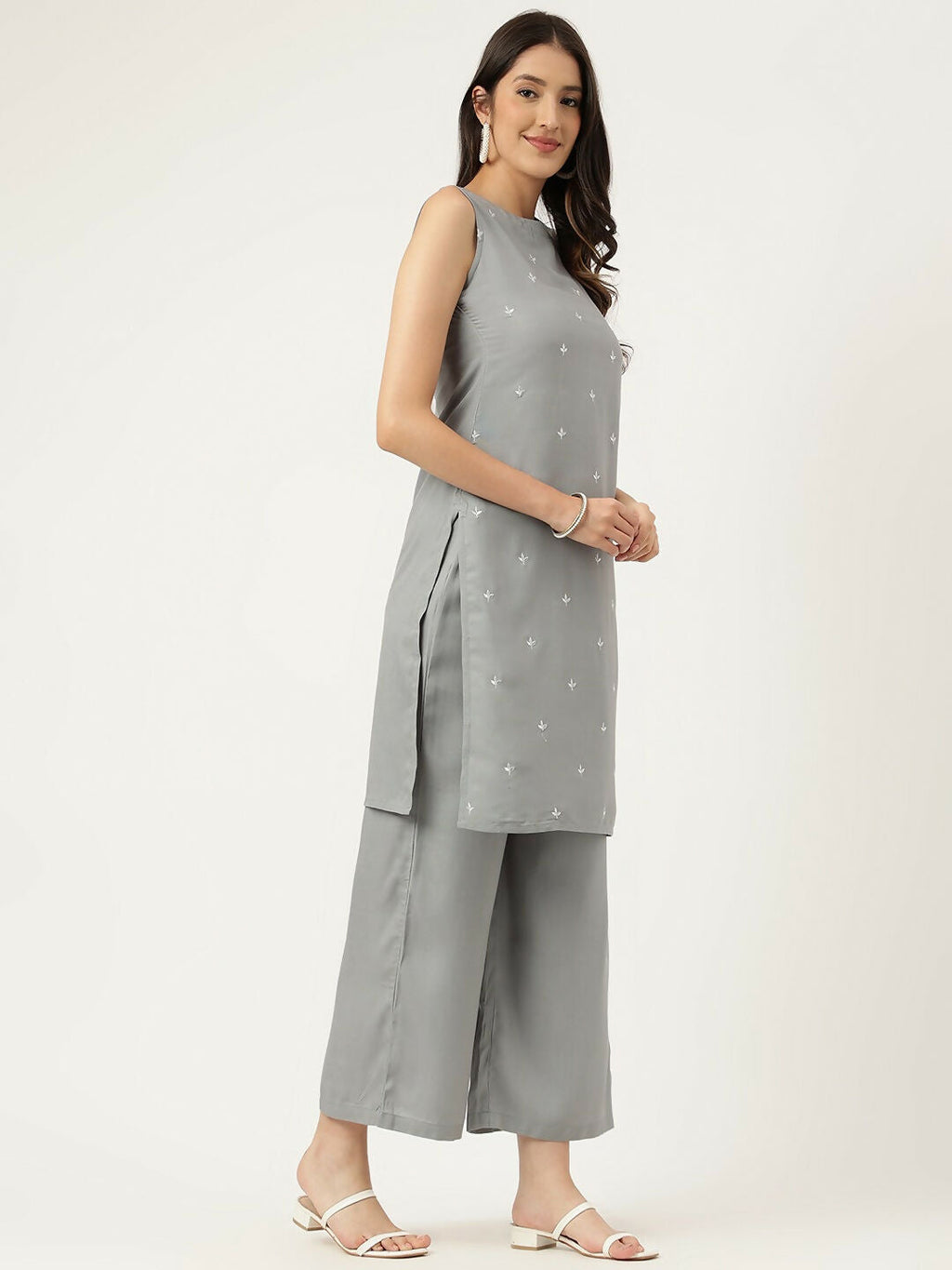 Grey Rayon Straight Kurta and Bottom Set with Embroidered Work