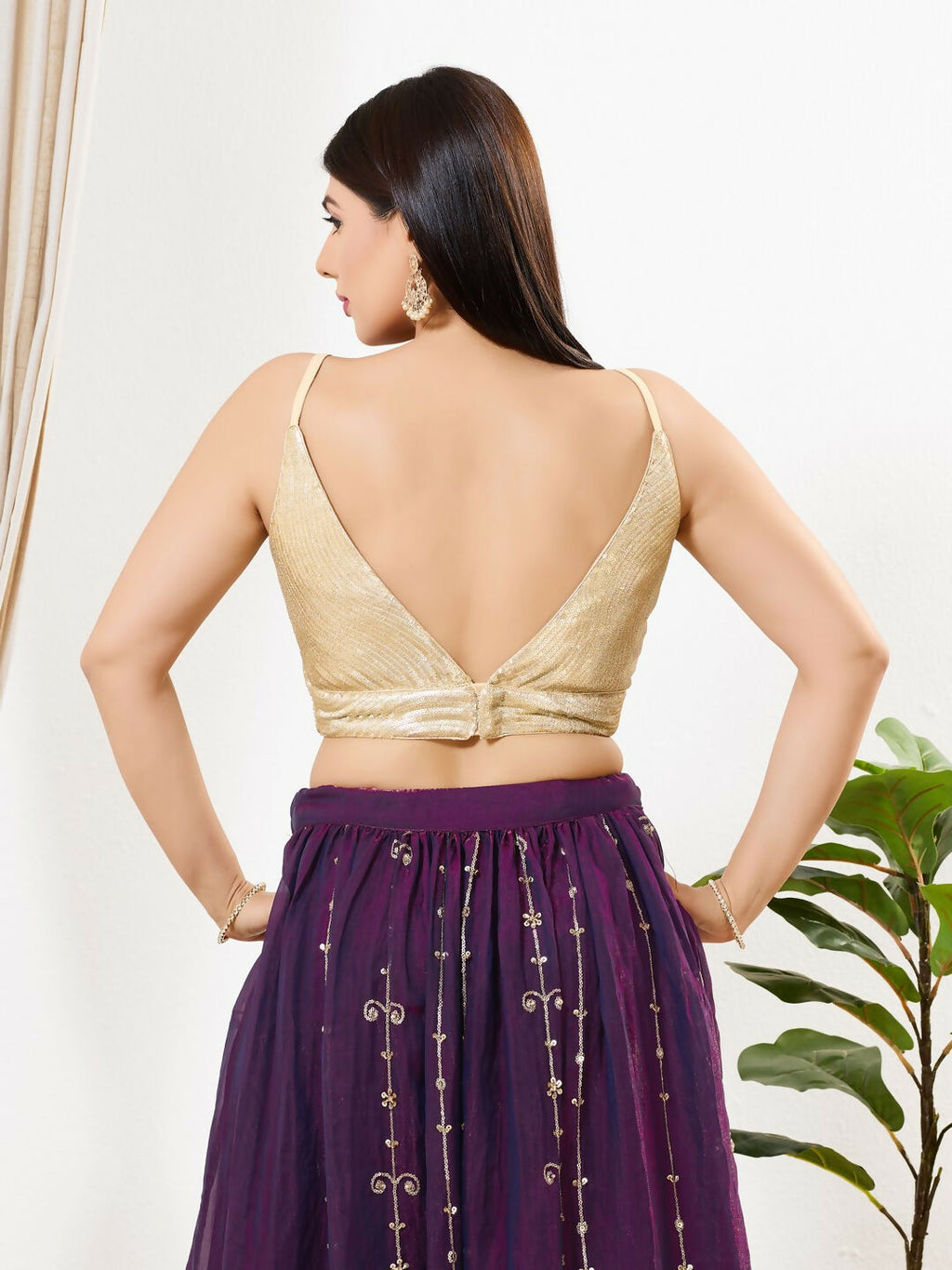 Joban Fashion Antique Gold Sequins Padded Blouse With V Neck Sleeveless