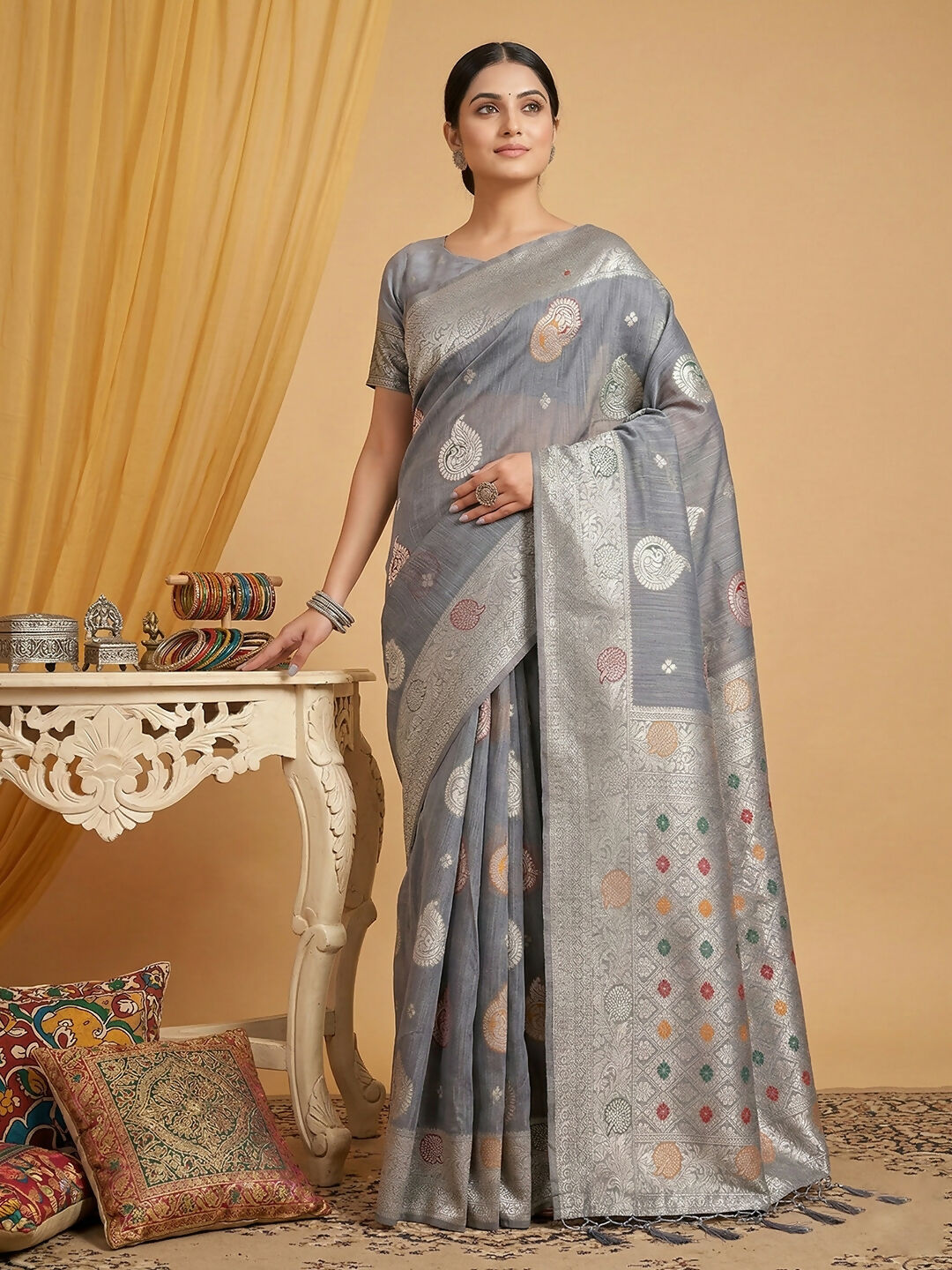 Grey Linen Cotton Saree with Matching Blouse Piece