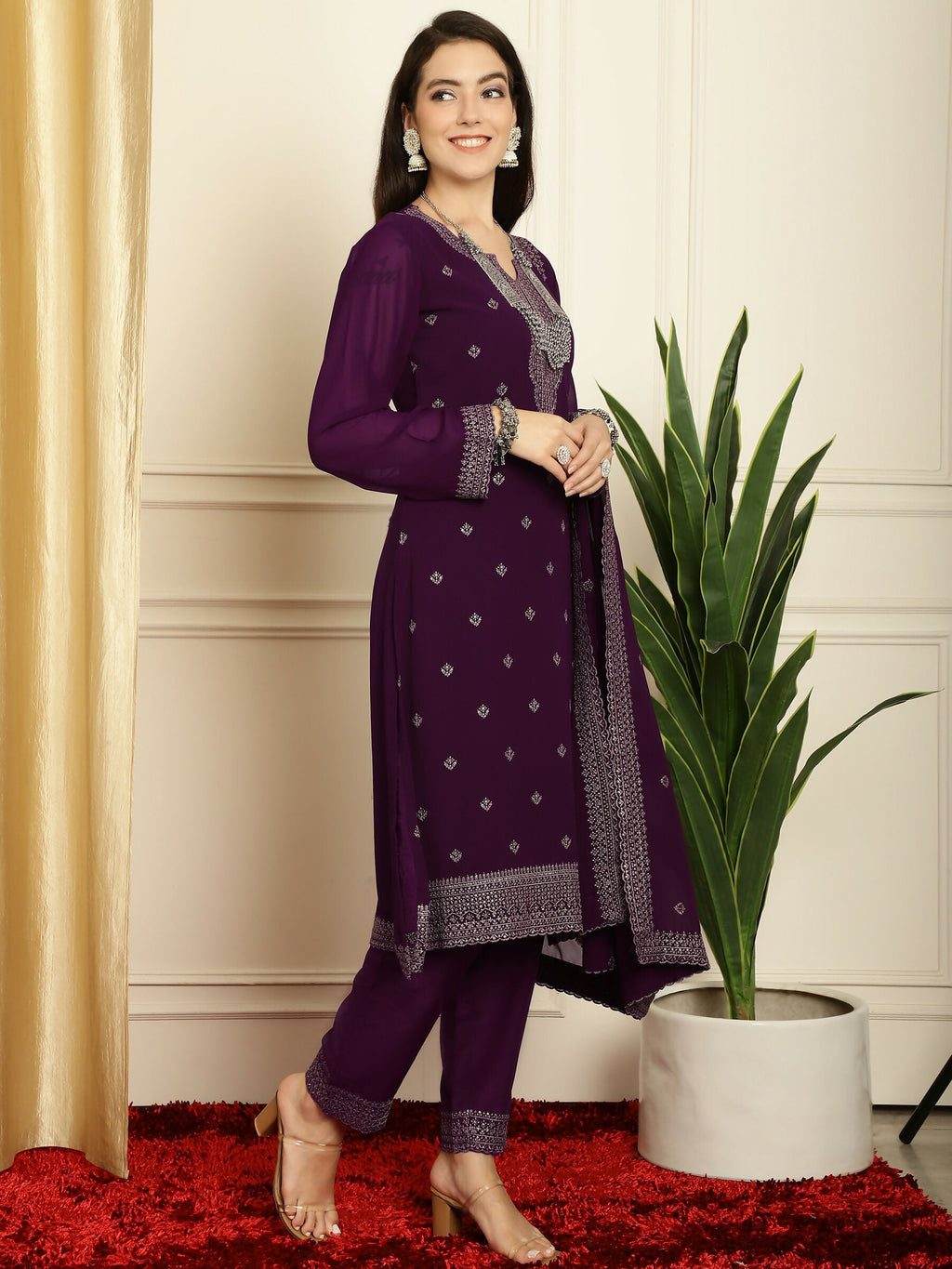 Jyoti Fashion Women's Burgundy Georgette Resham Thread & Sequin Kurta with Trouser & Dupatta