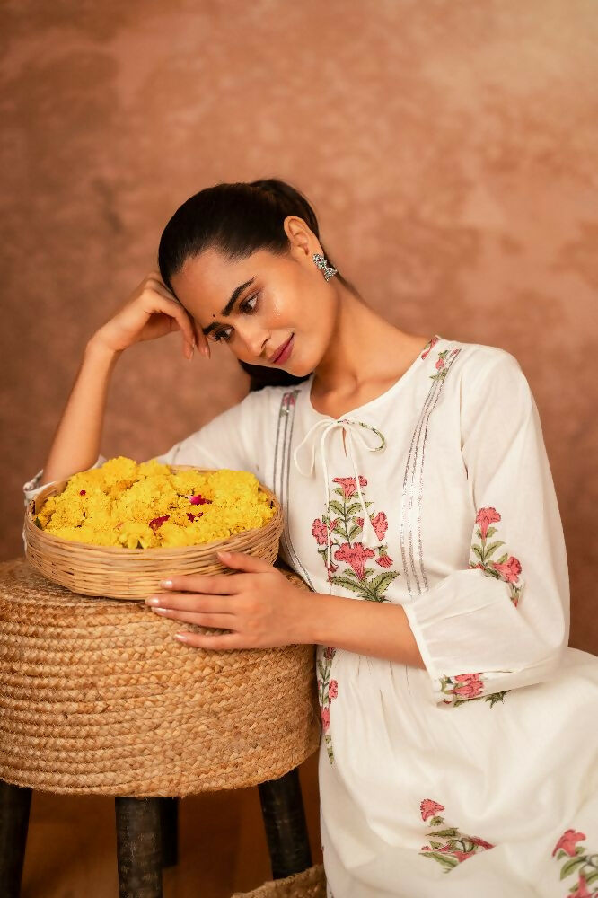 Off White & Pink Floral Hand Block Printed Cotton Kurta Set
