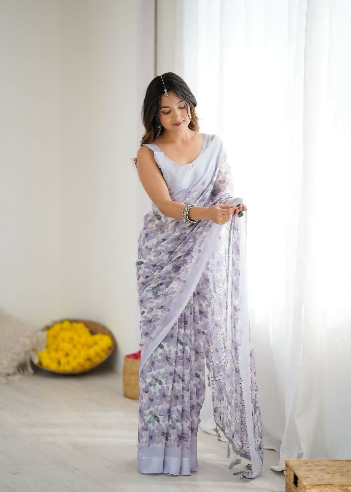 Light Purple Floral Print Satin Saree with Matching Blouse