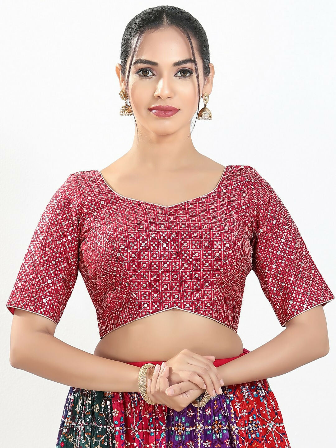 Pink silk padded blouse with a sweetheart neck and elbow sleeves