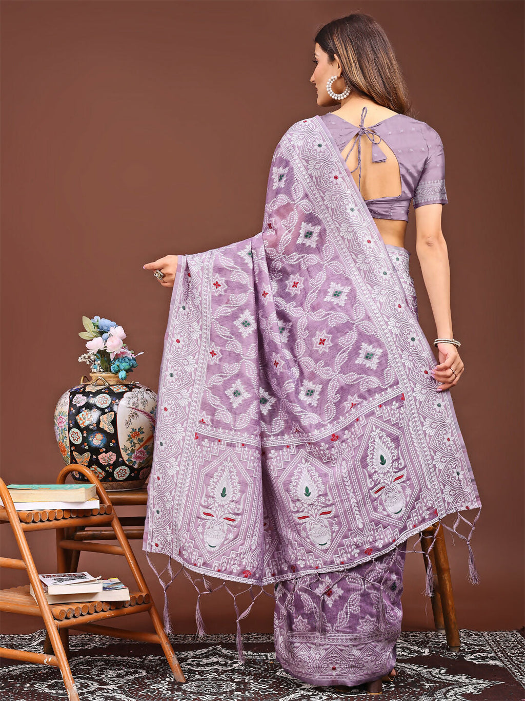 Purple Linen Cotton Saree with Matching Blouse Piece