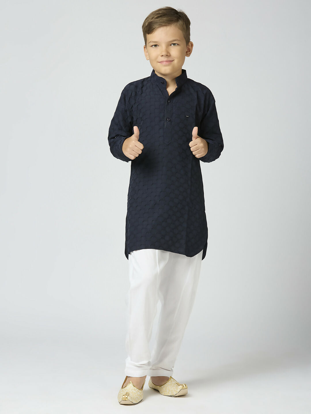 Boys Navy Blue Texture Cotton Kurta and Pyjama Festive Set
