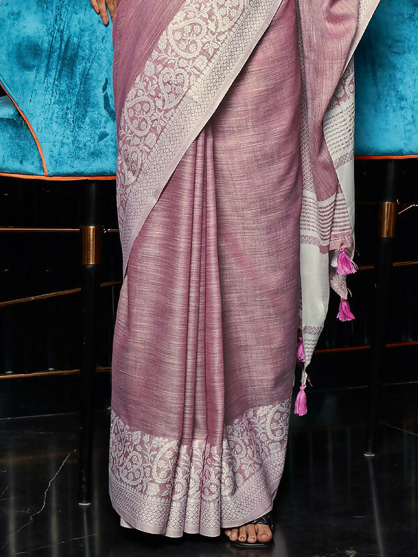 Elegant Mauve Woven Linen Saree with Contrast Zari Border & Tassels