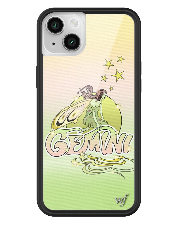 Close up of a hand holding a Gemini themed iPhone case with a fairy illustration, yellow green gradient background, and black protective border.
