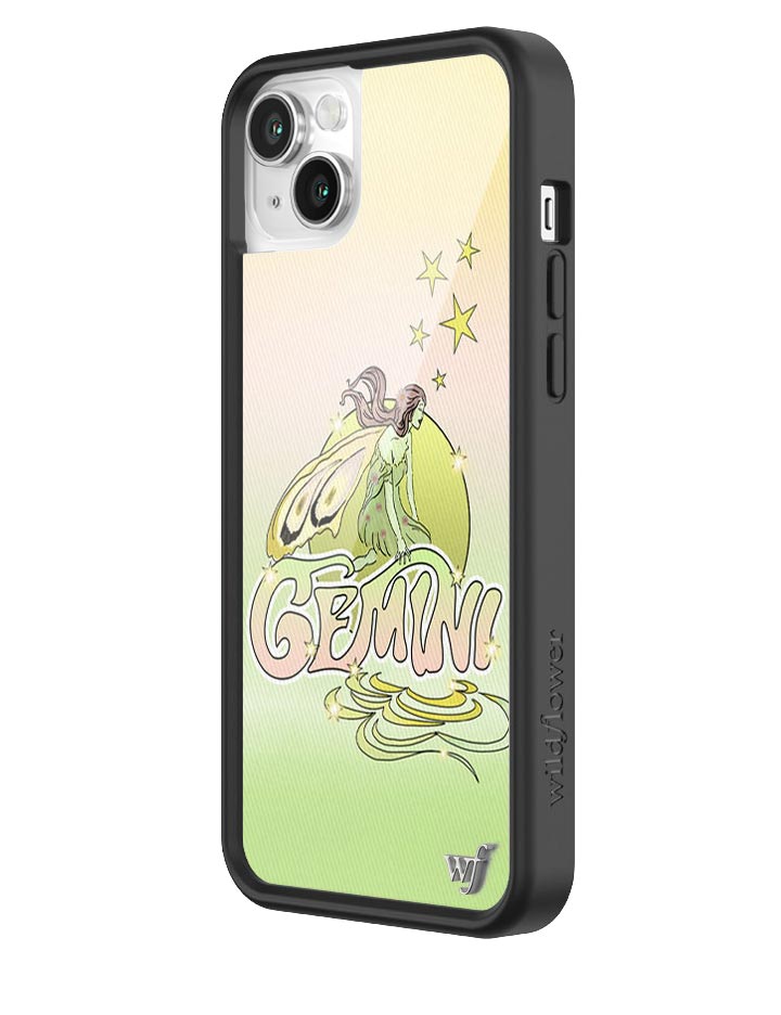 Gemini Zodiac iPhone Case with Fairy Art in Yellow Green - Image 2
