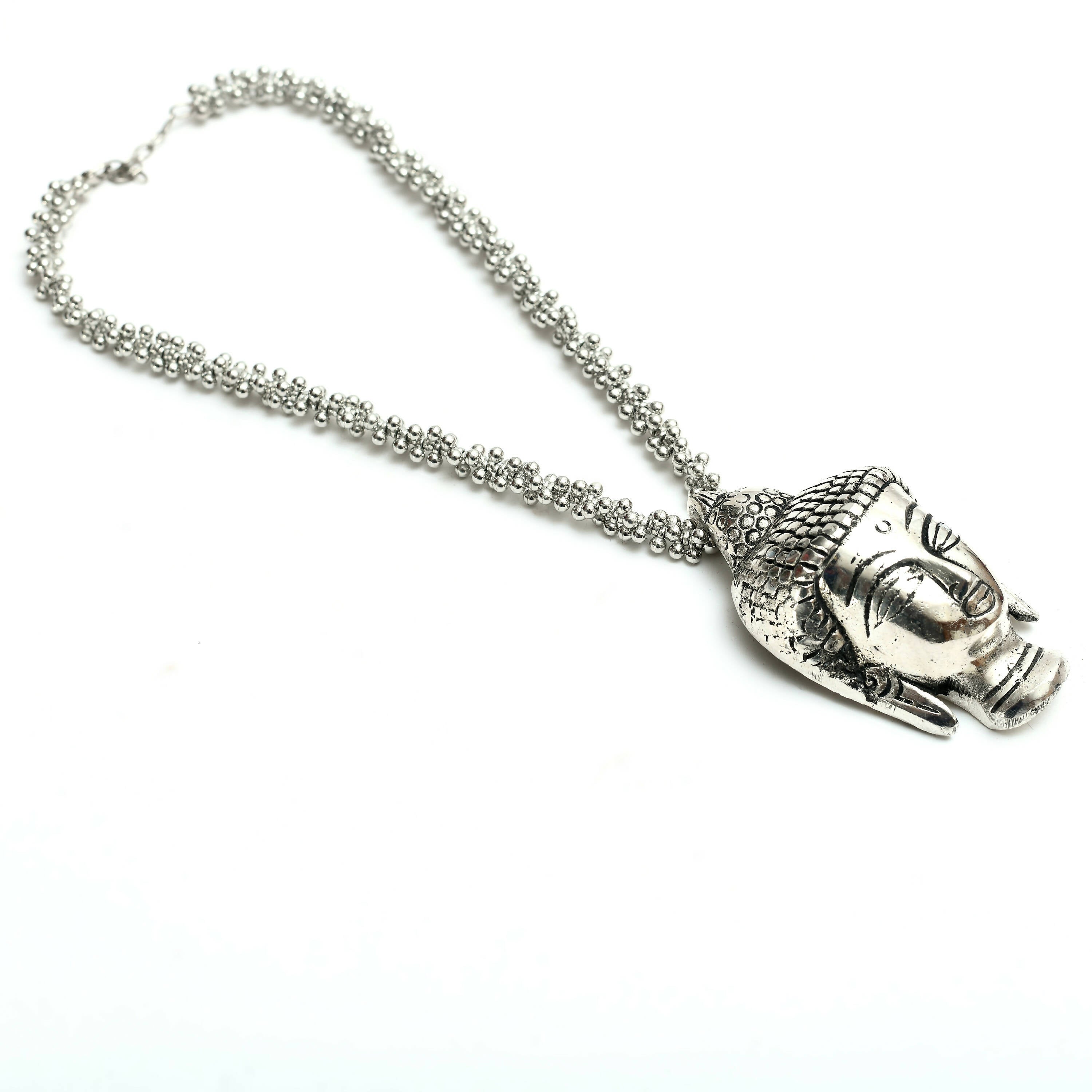 Silver-Plated Budha Long Necklace for Women Oxidised Jewelry
