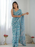 PR Fashion Light Blue Georgette Digital Print With Mirror Work Saree