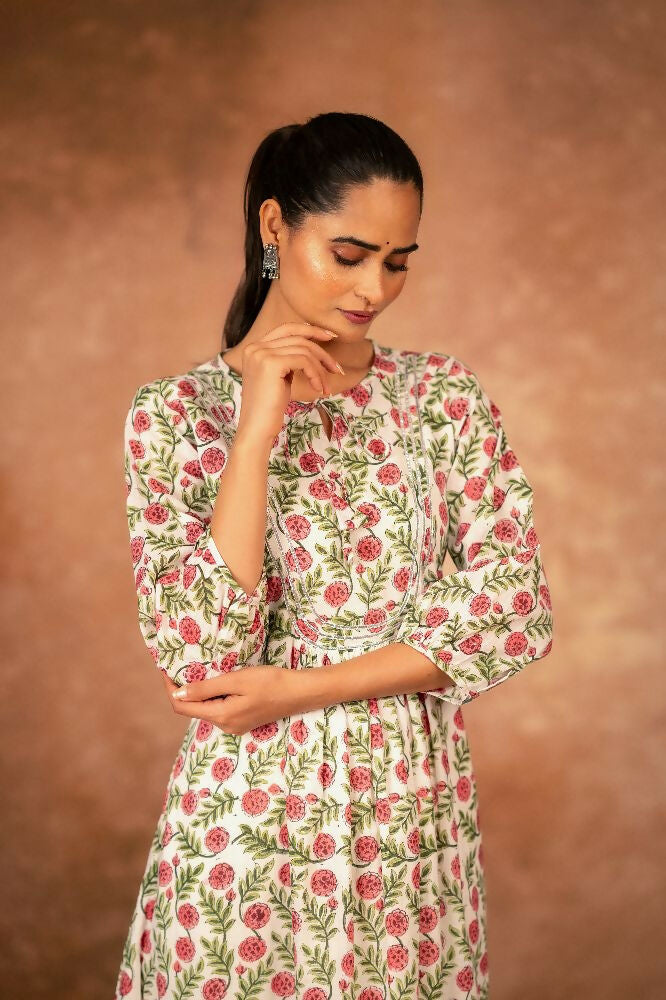 Red Floral Hand Block Printed Cotton Kurta Pant Set