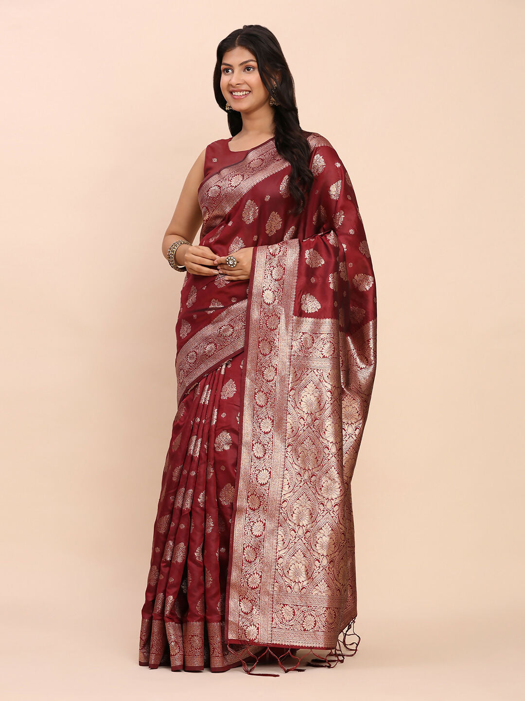 Maroon Banarasi Silk Saree with Matching Blouse Piece