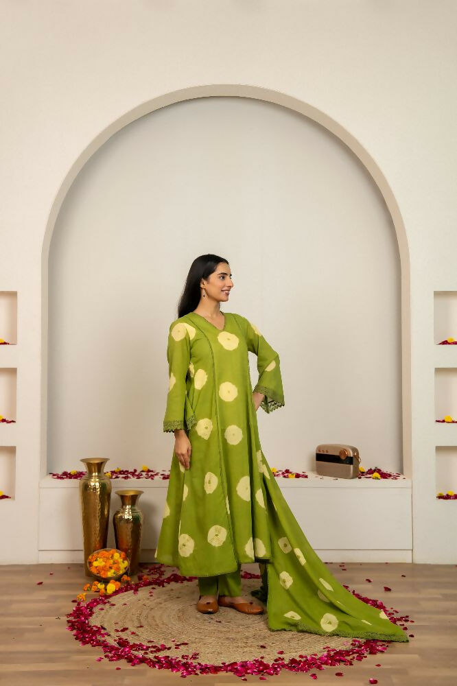 Green Tie & Dye Cotton Suit Set for Everyday Wear