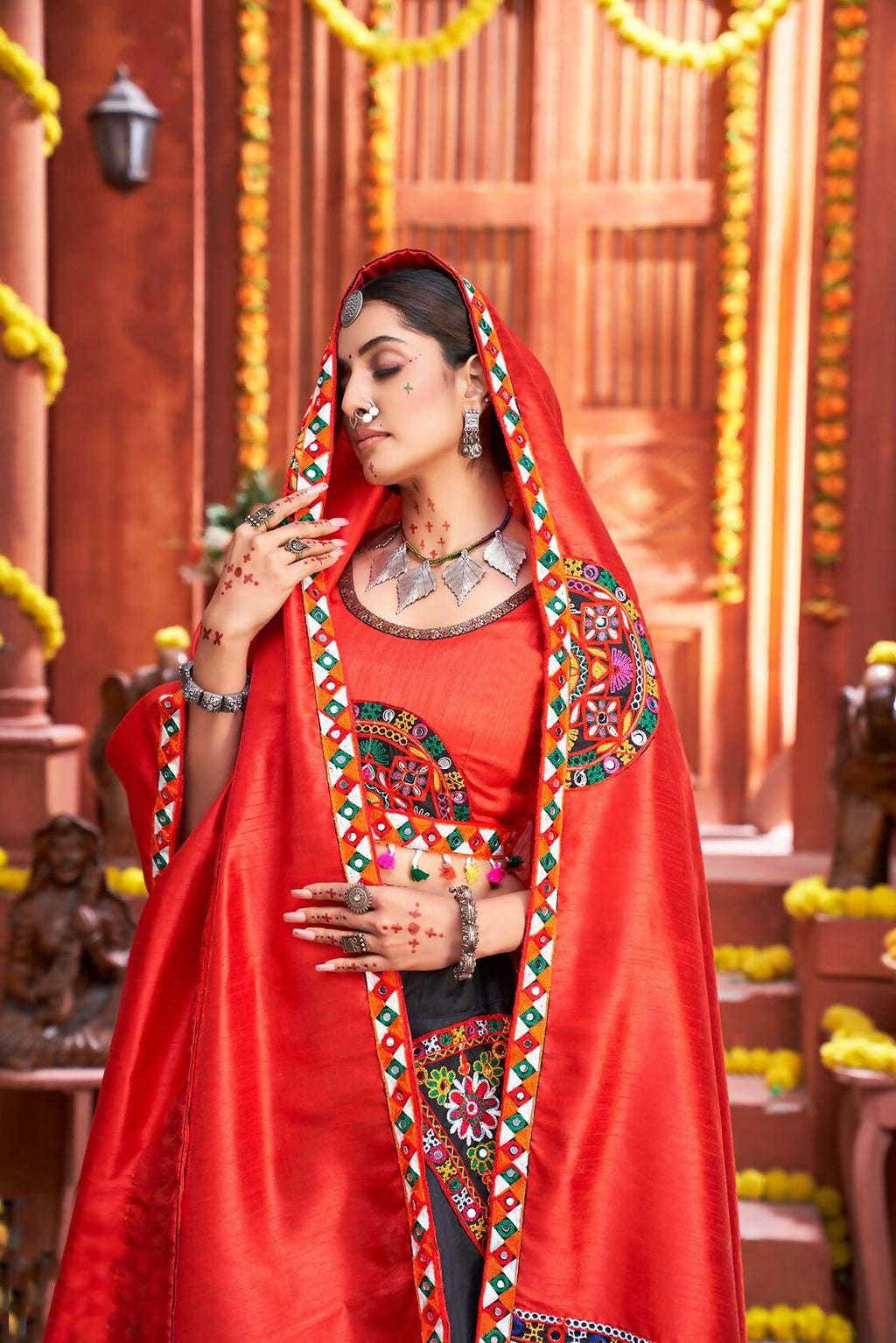 Black Art Silk Navratri Lehenga Choli with Red Blouse and Dupatta