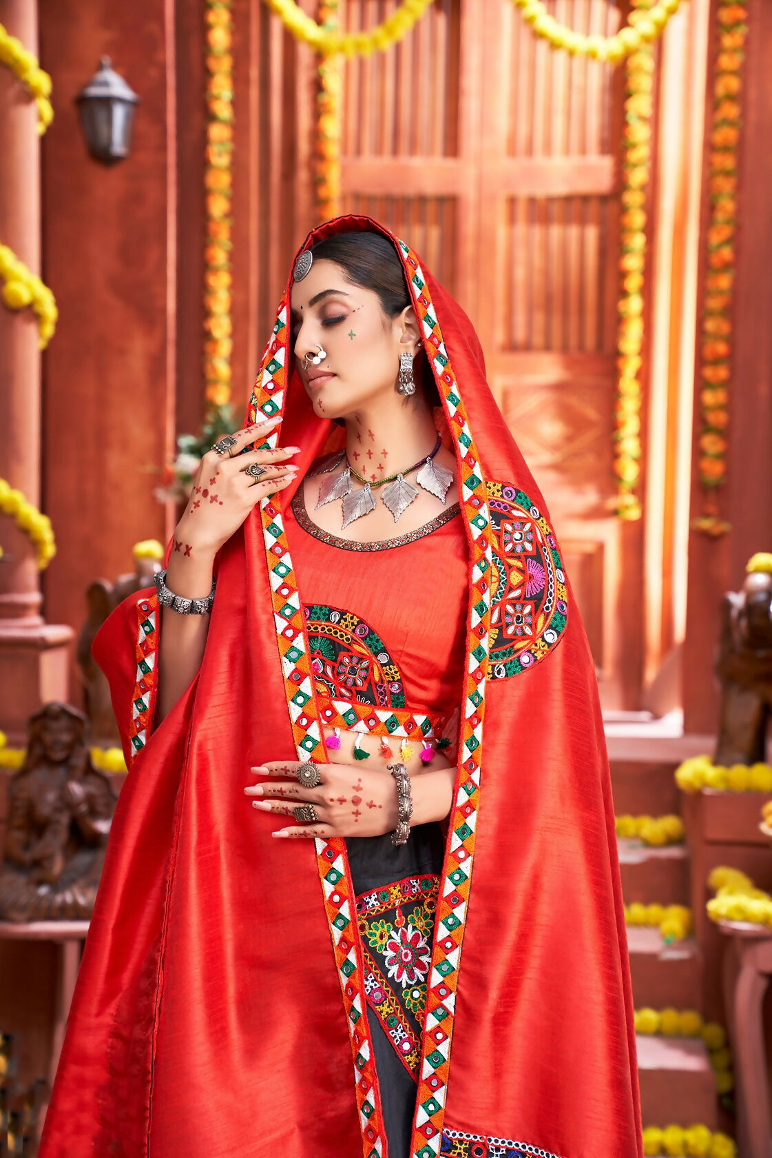 Black Art Silk Navratri Lehenga Choli with Red Blouse and Dupatta