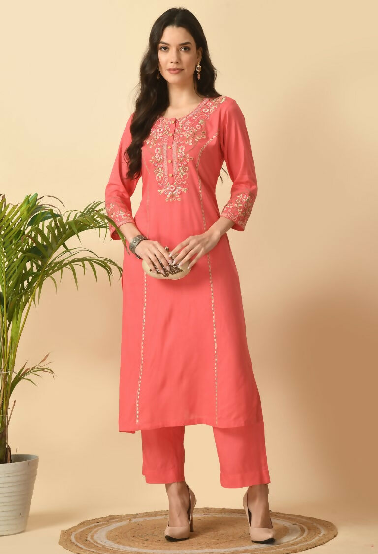 Coral Cotton Rayon Kurta Set - Two-Piece Ethnic Ensemble