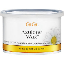 GiGi Azulene Wax 13 oz jar with white and gold packaging and a floral design.